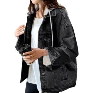 Women's Denim Jacket With Hood Oversized Distressed Jean Jackets Hoodie Black